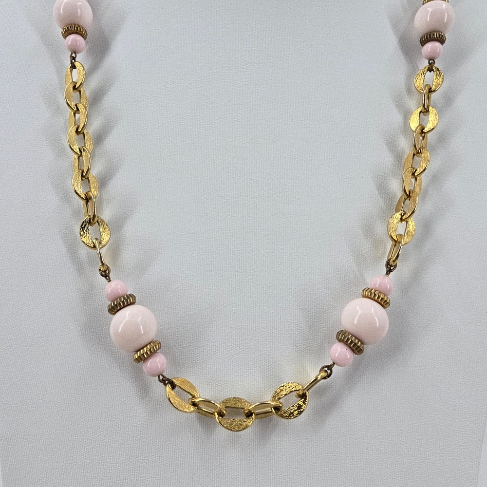 Vintage Textured Link Pink Bead Long Necklace Gold Tone